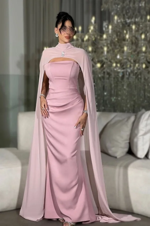 Miabel Glamorous Dusty Rose Strapless Sleeveless Satin Prom Dress with Shawl    