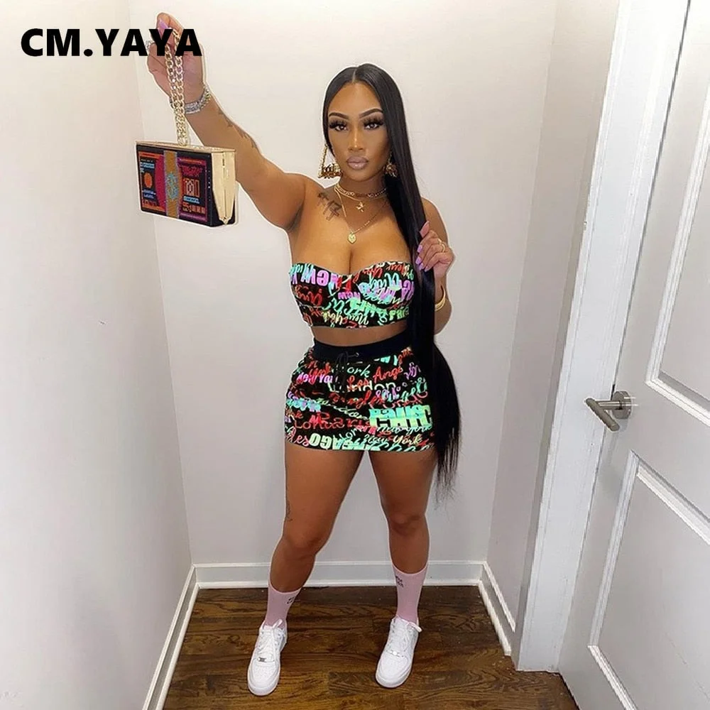 CM.YAYA Women Set Letter Print Sleeveless Strapless Crop Tops Mini Skirts Two 2 Piece Sets Sexy Fashion Streetwear Summer Outfit