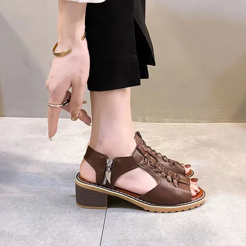 Breakj Breakj Summer New Women's Shoes Korean Version Of Coarse Sandals Side Zipper Leisure Slope And Solid Color Coarse Large-Size Sandals Women