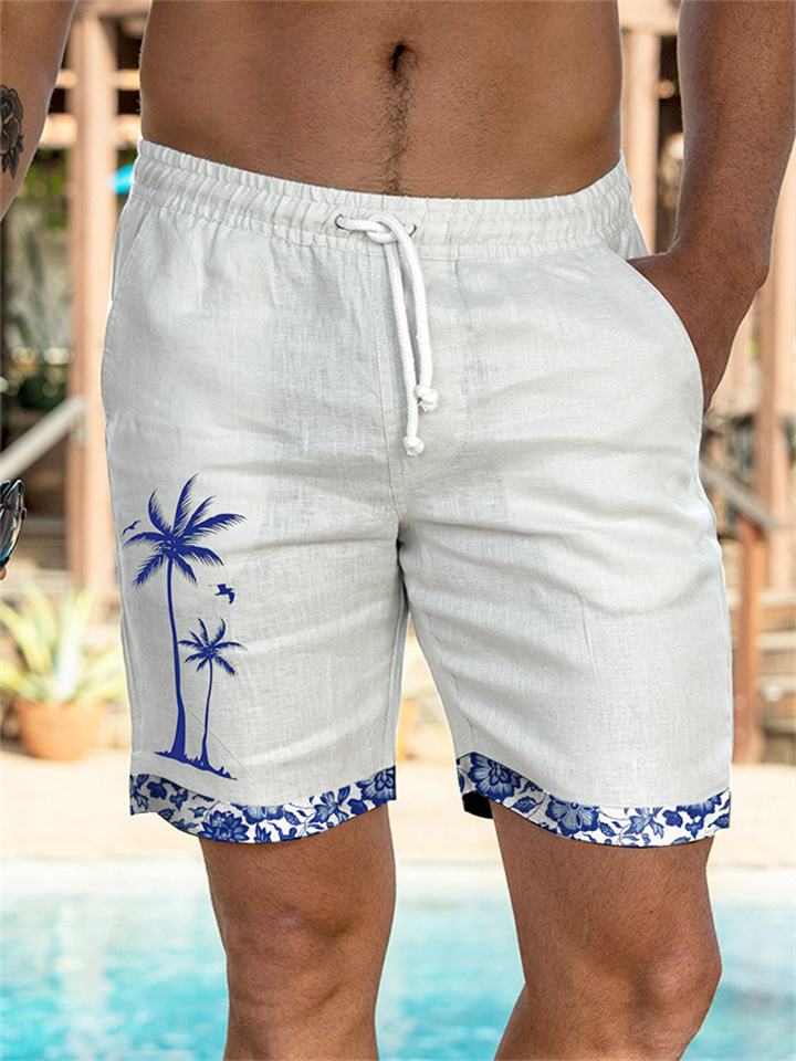 Men's Shorts Summer Shorts Beach Shorts Pocket Drawstring Elastic Waist Coconut Tree Patchwork Comfort Breathable Short Casual Daily Holiday Sports Fashion White Sky Blue
