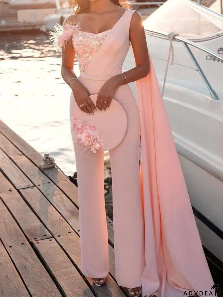 Feather Sequin Tube Top Irregular Jumpsuit