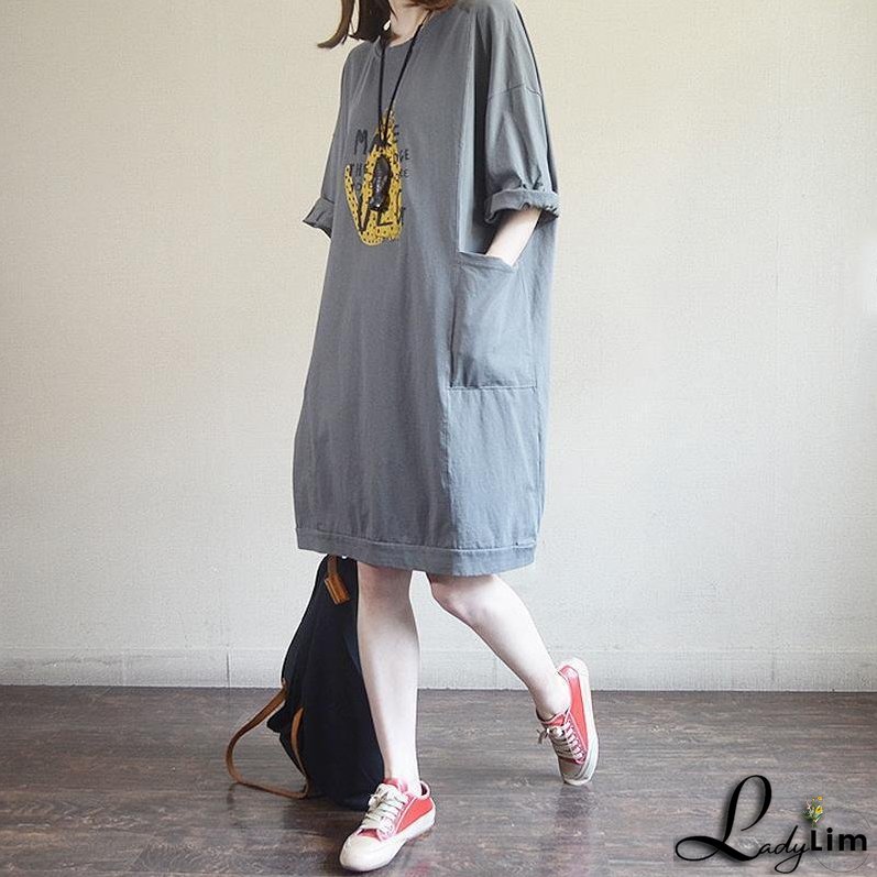 Fashion Round Neck Casual Printed Cotton Dress