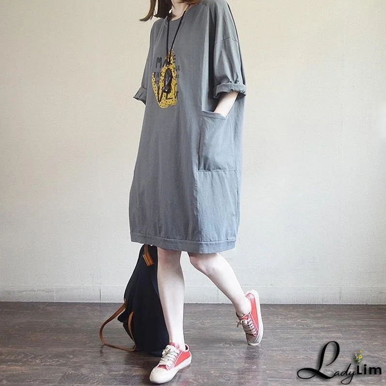 Fashion Round Neck Casual Printed Cotton Dress