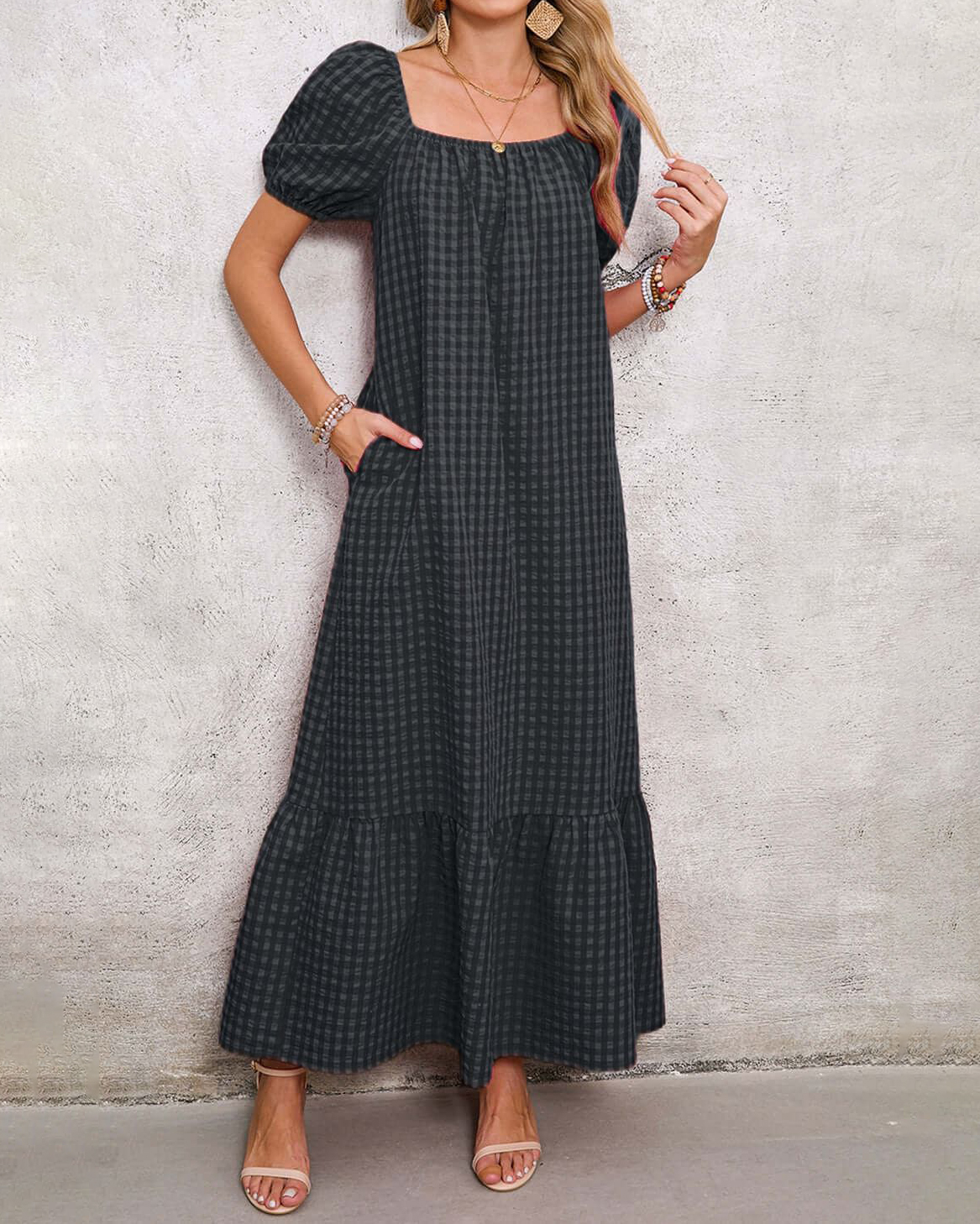 Gingham Square Neckline Puffed Short Sleeve Maxi Dress