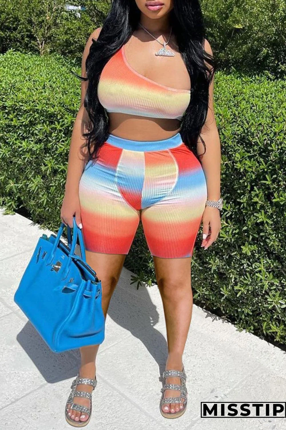 Yellow Sexy Casual Print Basic One Shoulder Sleeveless Two Pieces