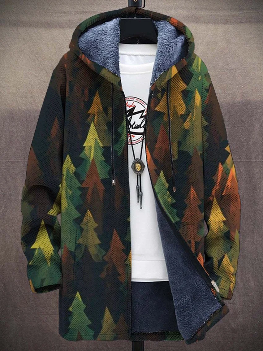 Unisex Tree Forest Pattern Art Print Plush Thick Long-Sleeved Sweater Coat Cardigan