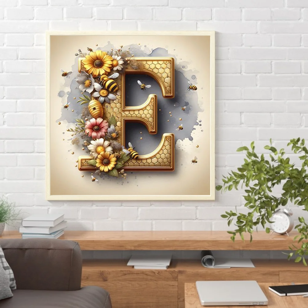 Full Round Diamond Painting 30*30cm - Letter E With Bee And Flowers
