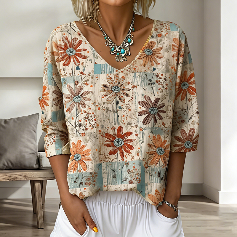 Women's Bohemian Vintage Floral Art Print Flowy Linen Blend Casual Tops elevenforest