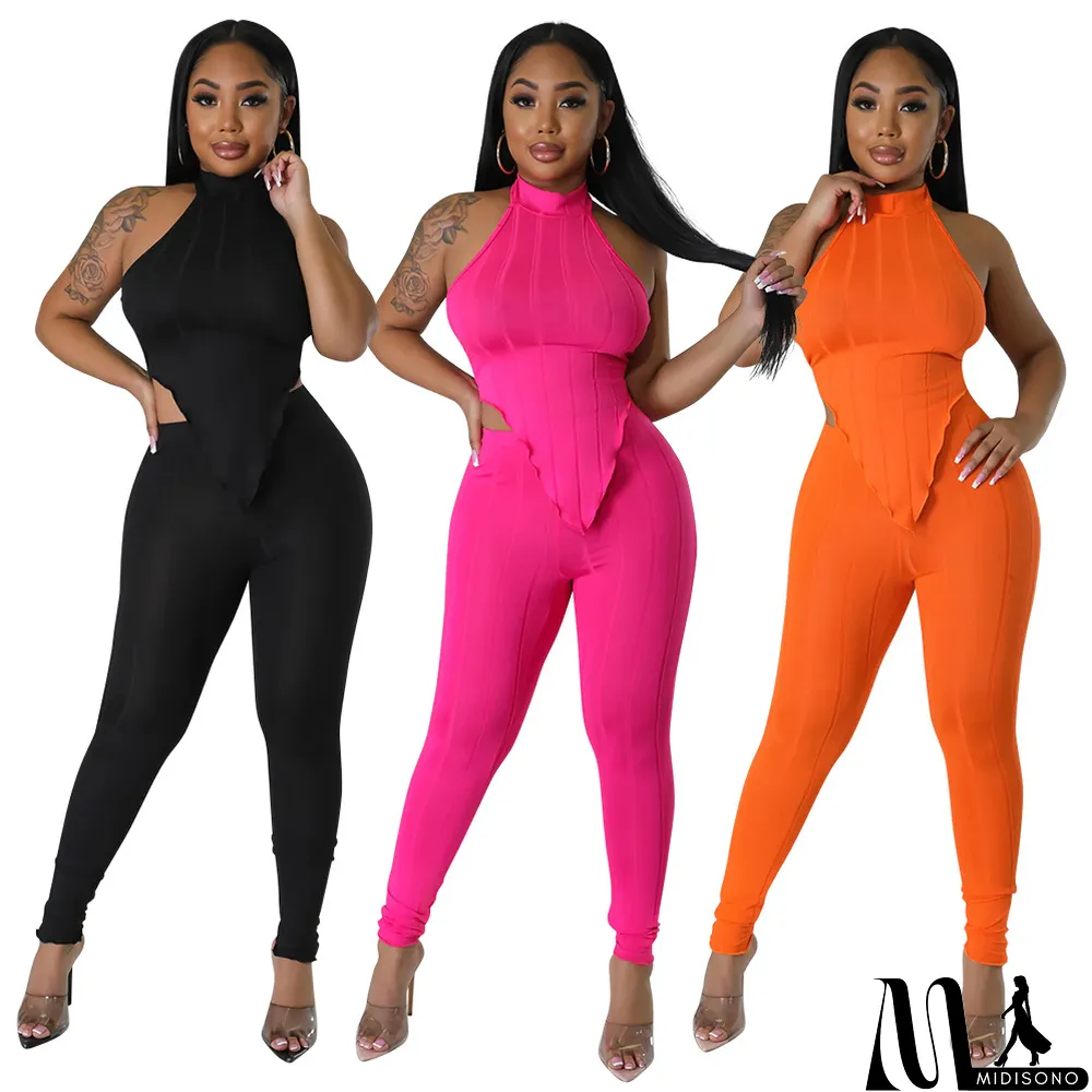 MidiSono - Halter Neck Top Slim Pants Casual Two-piece Set