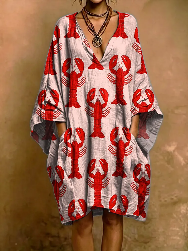 Lobster Decorative Pattern Woman&lsquo;s Short Sleeve Cotton Linen Dress