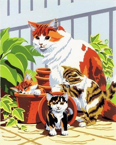 

Cat With Her Kittens in Garden – Paint By Numbers - 40*50CM, 501 Original