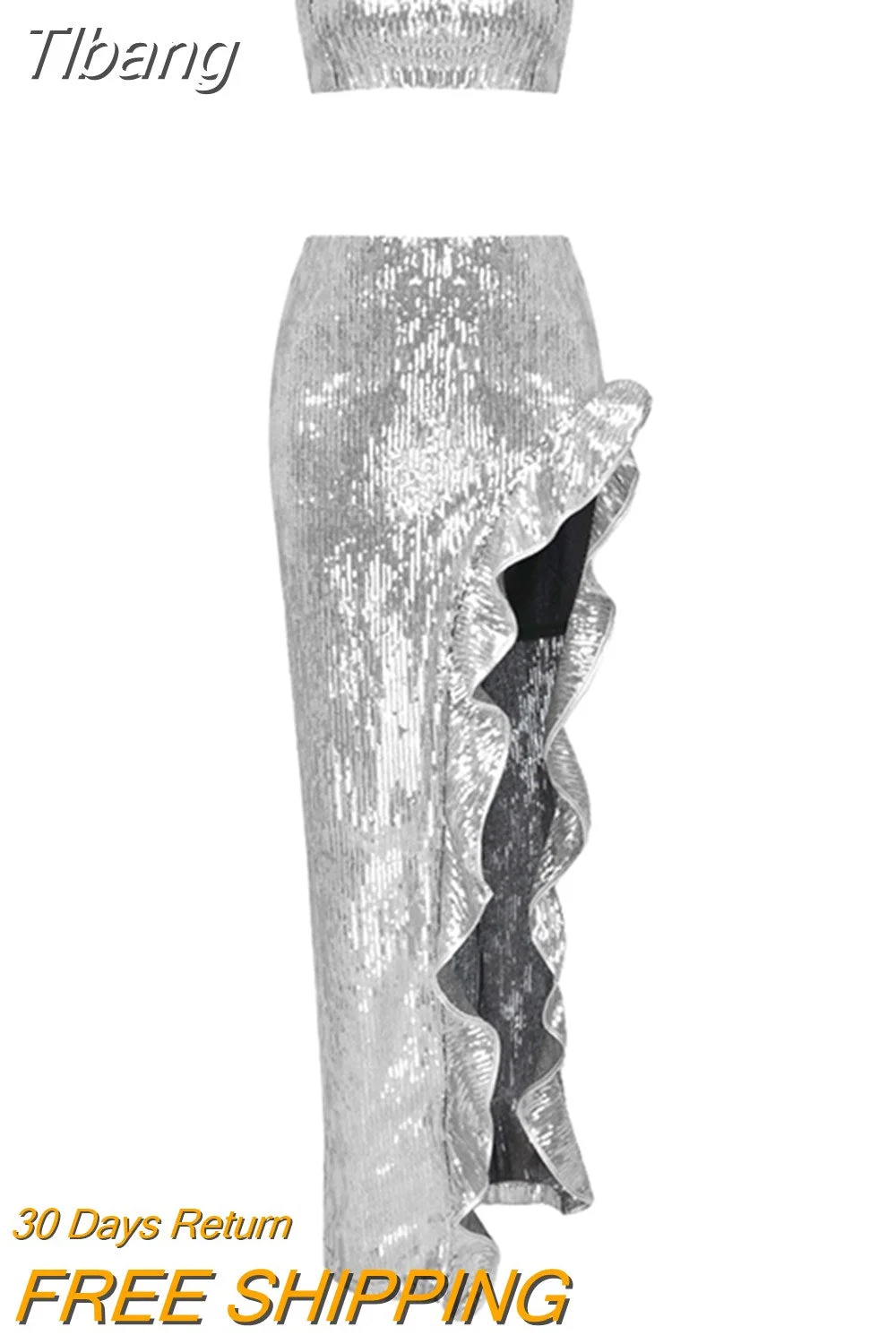 Tlbang Solid Patchwork Sequins Two Piece Sets Strapless Backless Vest High Waist Split Skirt Elegant Set Female Fashion