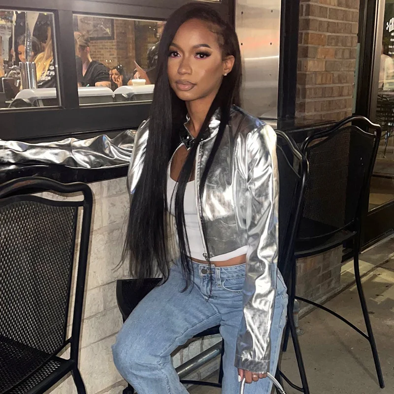 Woherb Woherb Women's Fall / Winter 2024 Fashion PU Metal Coleck Zip Coat Ladies Leather Jacket Coat-Outfit Ideas