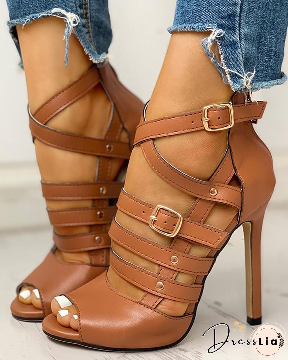 Solid Hollow Out Ankle Strap Thin Heeled Sandals