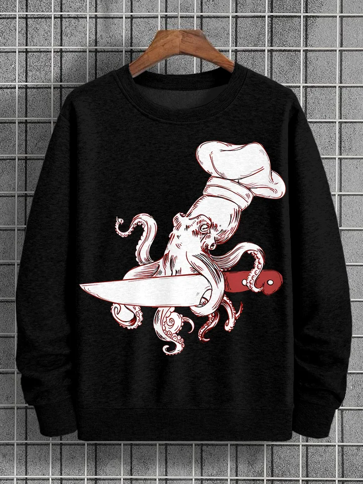 Men's Japanese Octopus Chef Print Cotton Casual Sweatshirt
