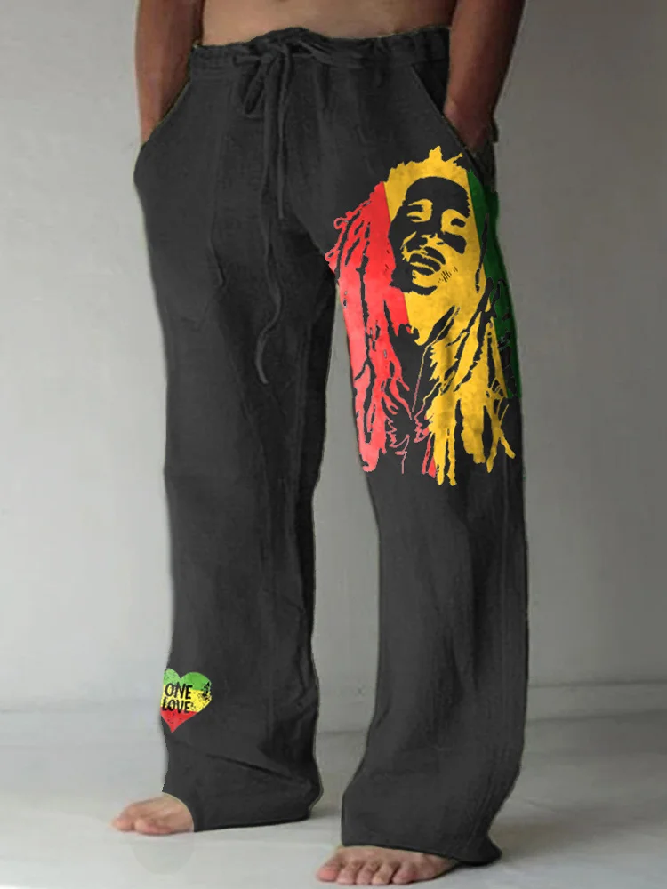 Reggae Print Casual Cozy Cotton Linen Pants