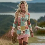 Women's Vintage Patchwork Floral Art Cozy Knit Mini Sweater Dress - Image 2