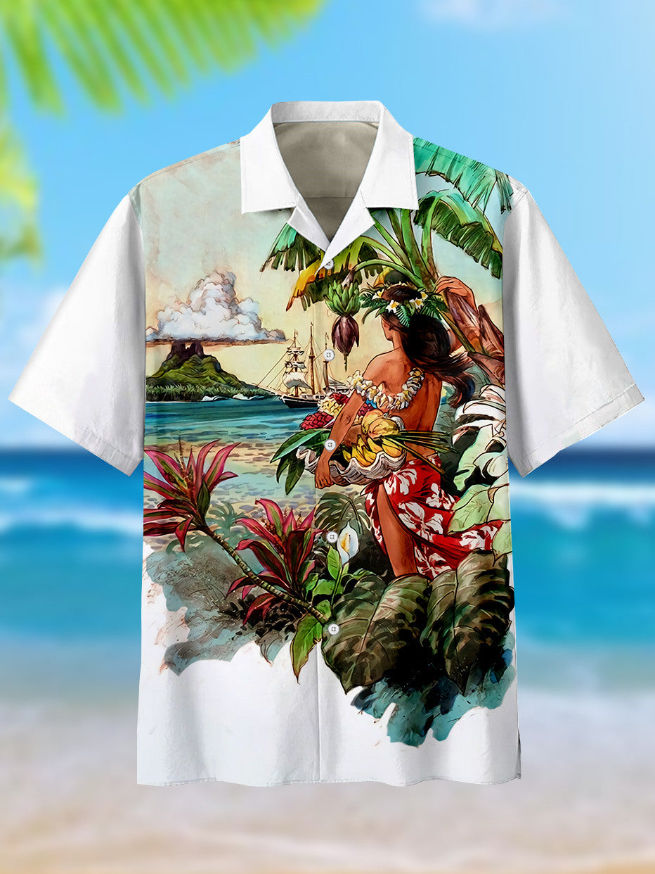 Men's Hawaiian Tiki Art Cuban Collar Short Sleeve Shirt PLUSCLOTHESMAN