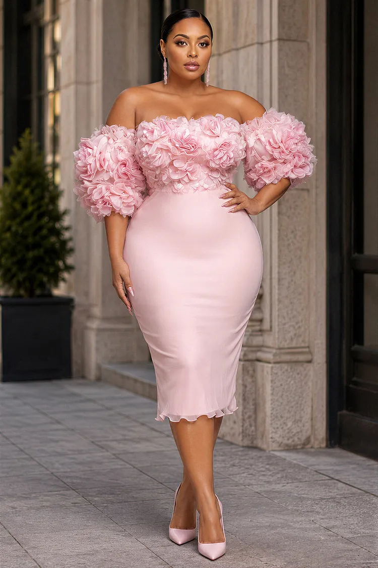 Xpluswear Design Plus Size Cocktail Party Elegant Pink Off The Shoulder Short Sleeve 3D Bodycon Chiffon Midi Dresses [Pre-Order] 2024 - Xpluswear