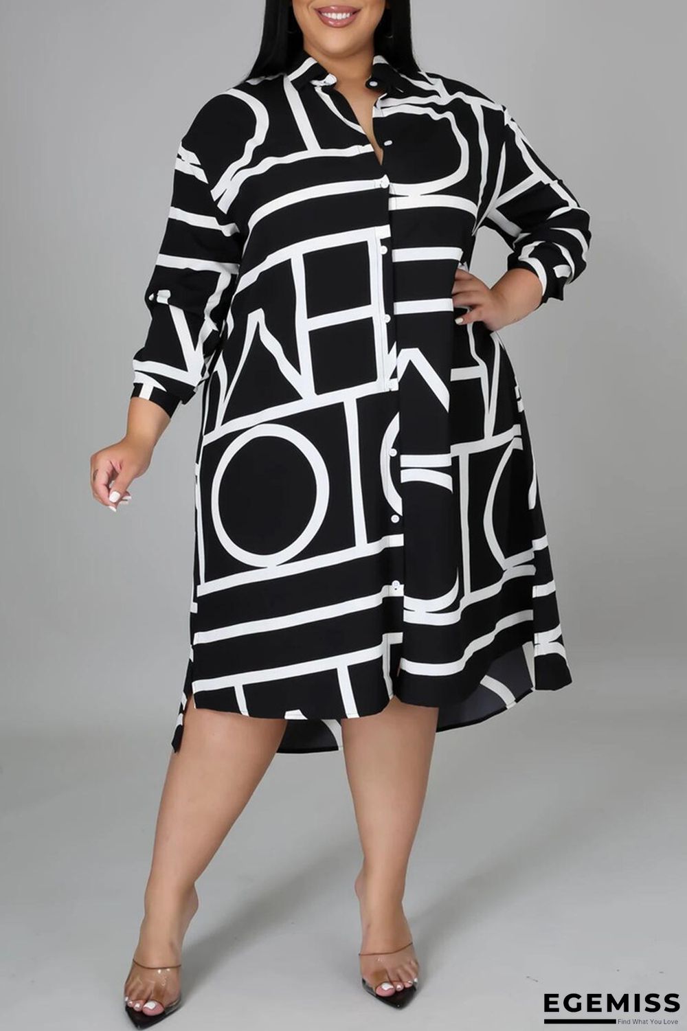 Black Fashion Casual Plus Size Print Basic Turndown Collar Shirt Dress | EGEMISS
