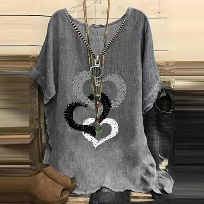 Love Print Casual Loose Short Sleeve Tops