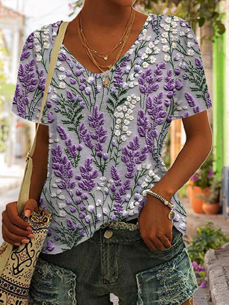Comstylish Floral Print V-Neck Short Sleeved Casual T-Shirt