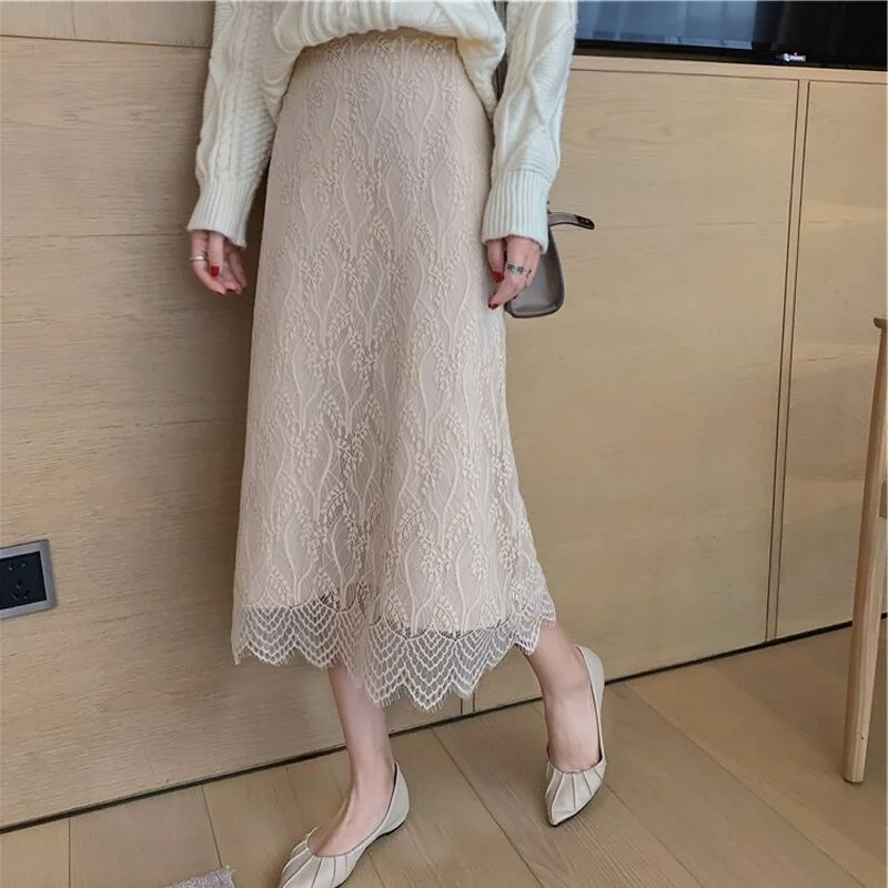 Uveng Uveng Autumn And Winter Lace Knitted Skirt Women With Sweater High-Waisted A Word Two Sides Wear Medium Long Wool Skirt Thick