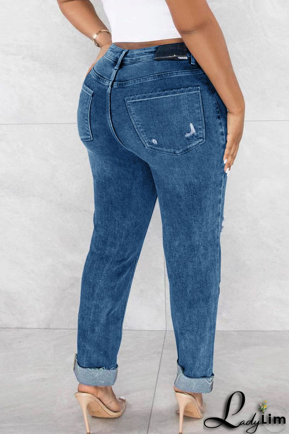 Light Blue Street Solid Ripped Patchwork High Waist Denim Jeans