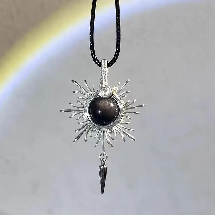 Silver-Wrapped Obsidian Sun Flower Pendant Necklace