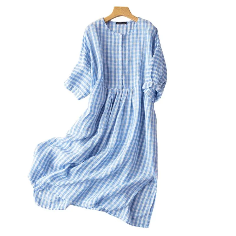 2022 ZANZEA Women Vintage Plaid Dresses Vestidos Summer Puff Sleeve Midi Dress Sundress Casual A-line Baggy Oversized Robe Femme