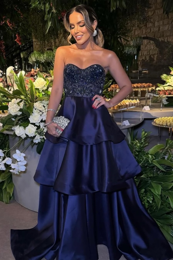 Embroidery Beadings Dark Blue Three-Layer Ruffles Strapless Prom Dress | ZT0495