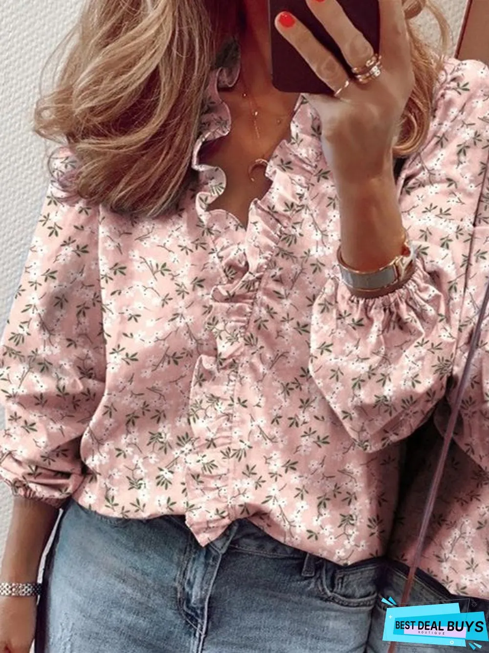 Casual Ruffled V neck Long Sleeve Top