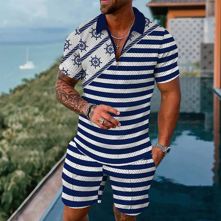 Men's Seaside Striped Sea Anchor Printed Polo Suit