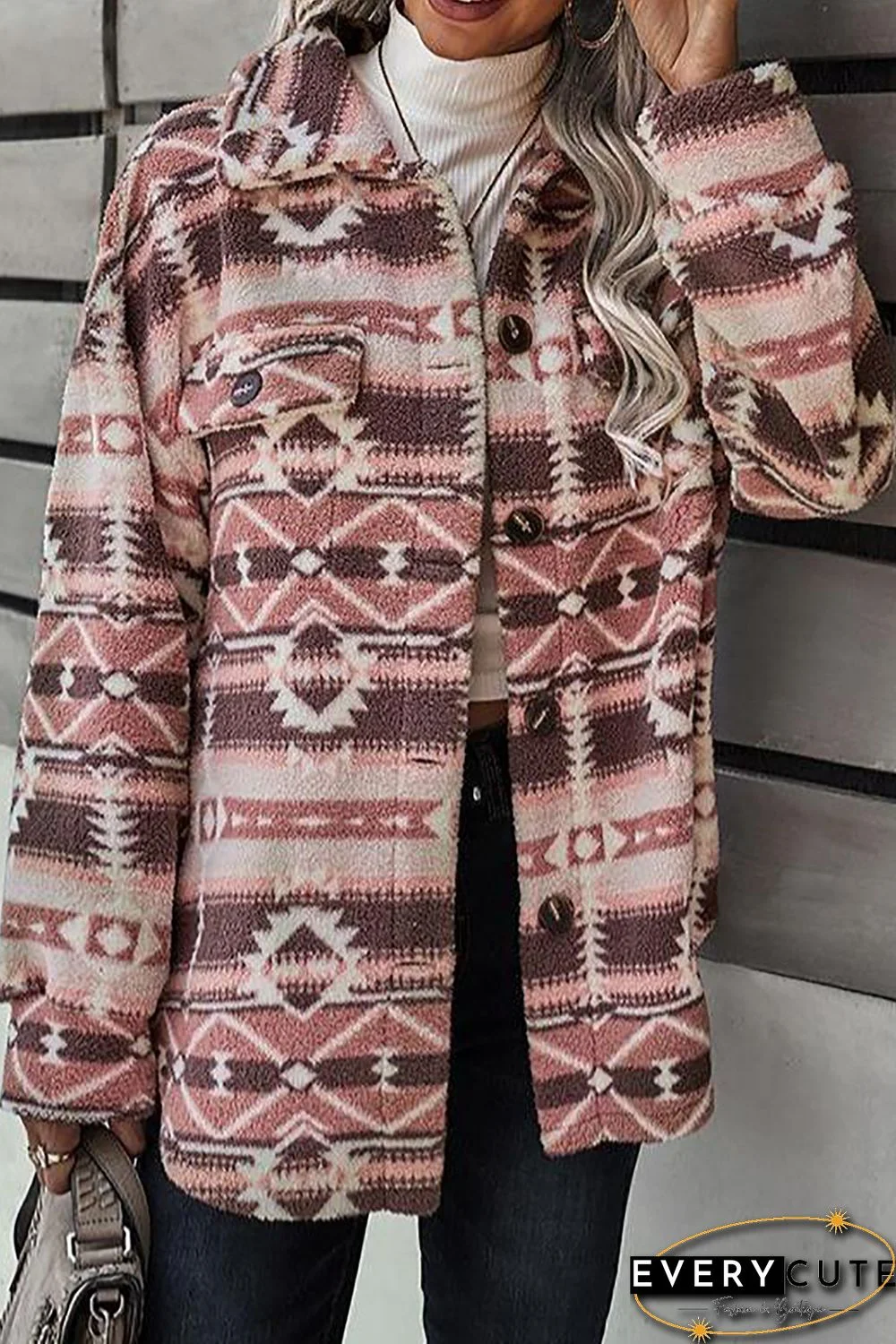 Pink Tribal Print Pocket Buttoned Sherpa Jacket