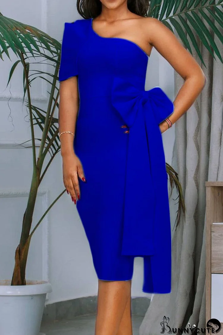 Royal Blue Casual Elegant Solid Split Joint With Bow Oblique Collar Dresses