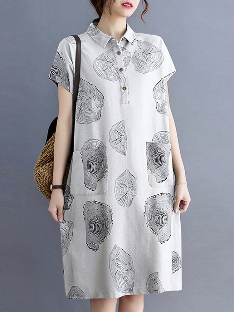 Print Button Pocket Lapel Short Sleeve Casual Cotton Midi Dress - Life is Beautiful for You - SheChoic