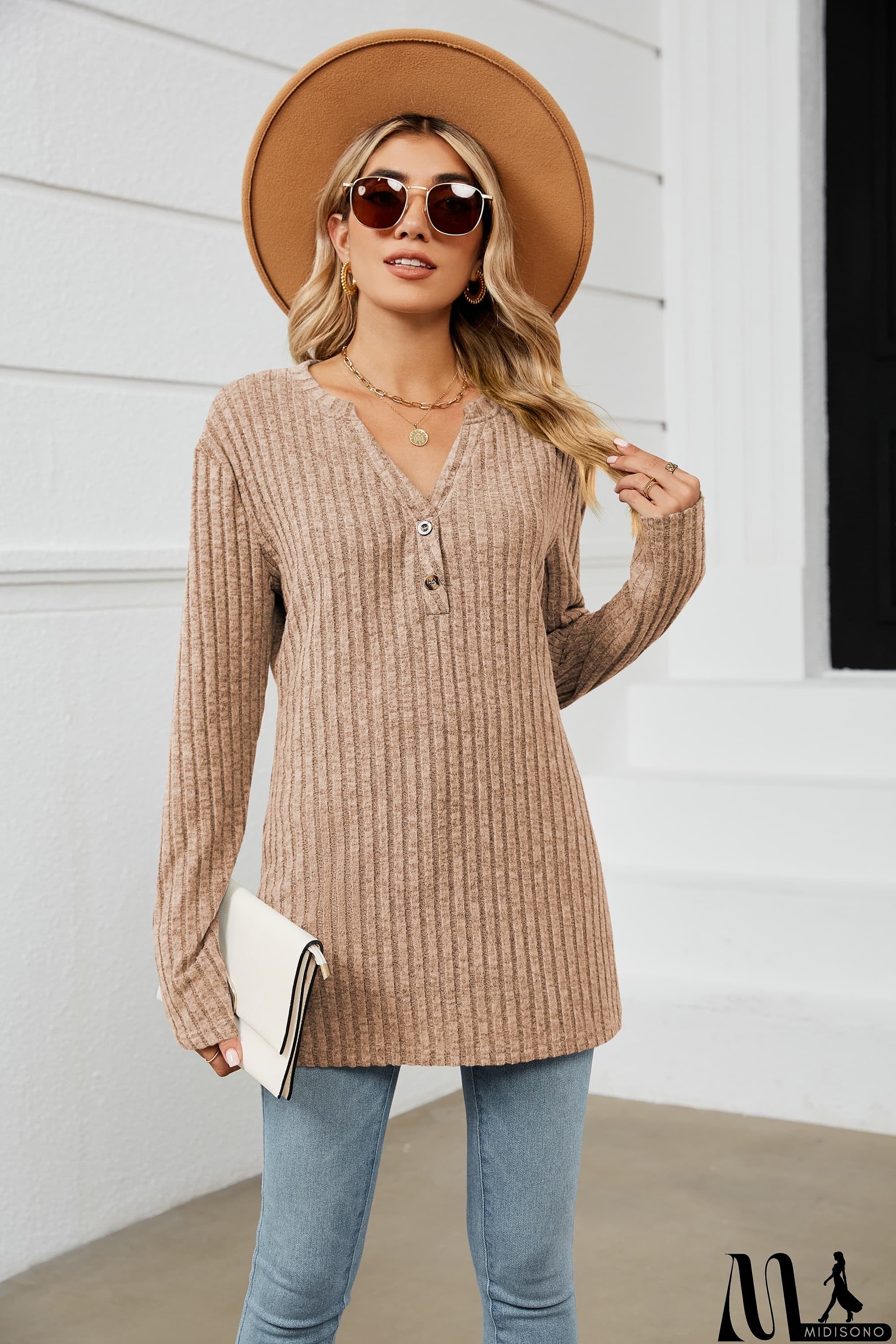 MidiSono - Notched Neck Ribbed Long Sleeve T-Shirt