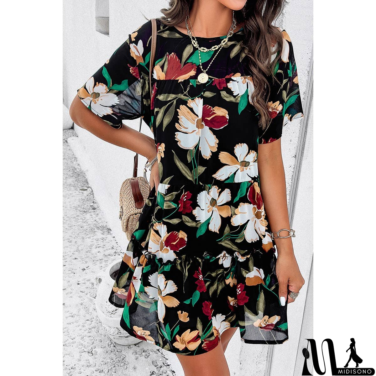 MidiSono - Knot Back Floral Lined Ruffle Loose Dress