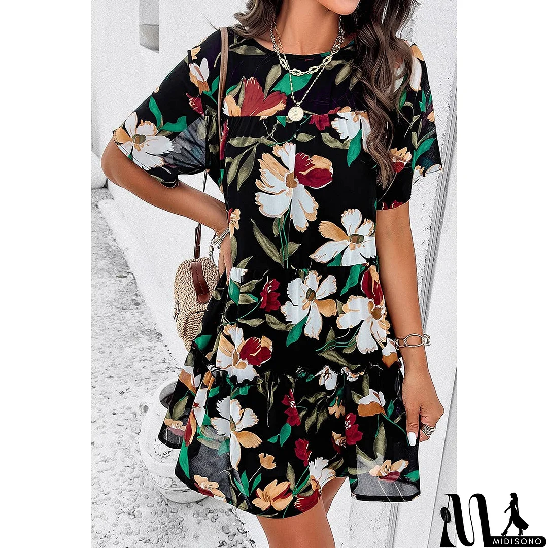 MidiSono - Knot Back Floral Lined Ruffle Loose Dress