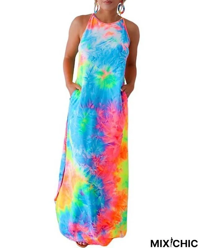 Women's Strap Dress Maxi Long Dress Sleeveless Tie Dye Summer Casual Rainbow