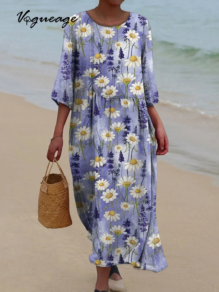 Simple And Elegant Flowers Printed Women's Casual Cotton And Linen Dress