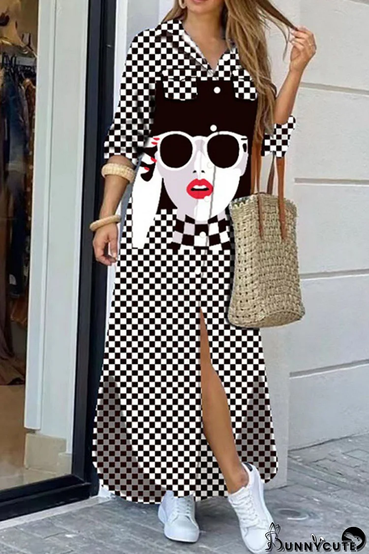 Black White Casual Street Print Patchwork Buckle Turndown Collar Shirt Dress Dresses