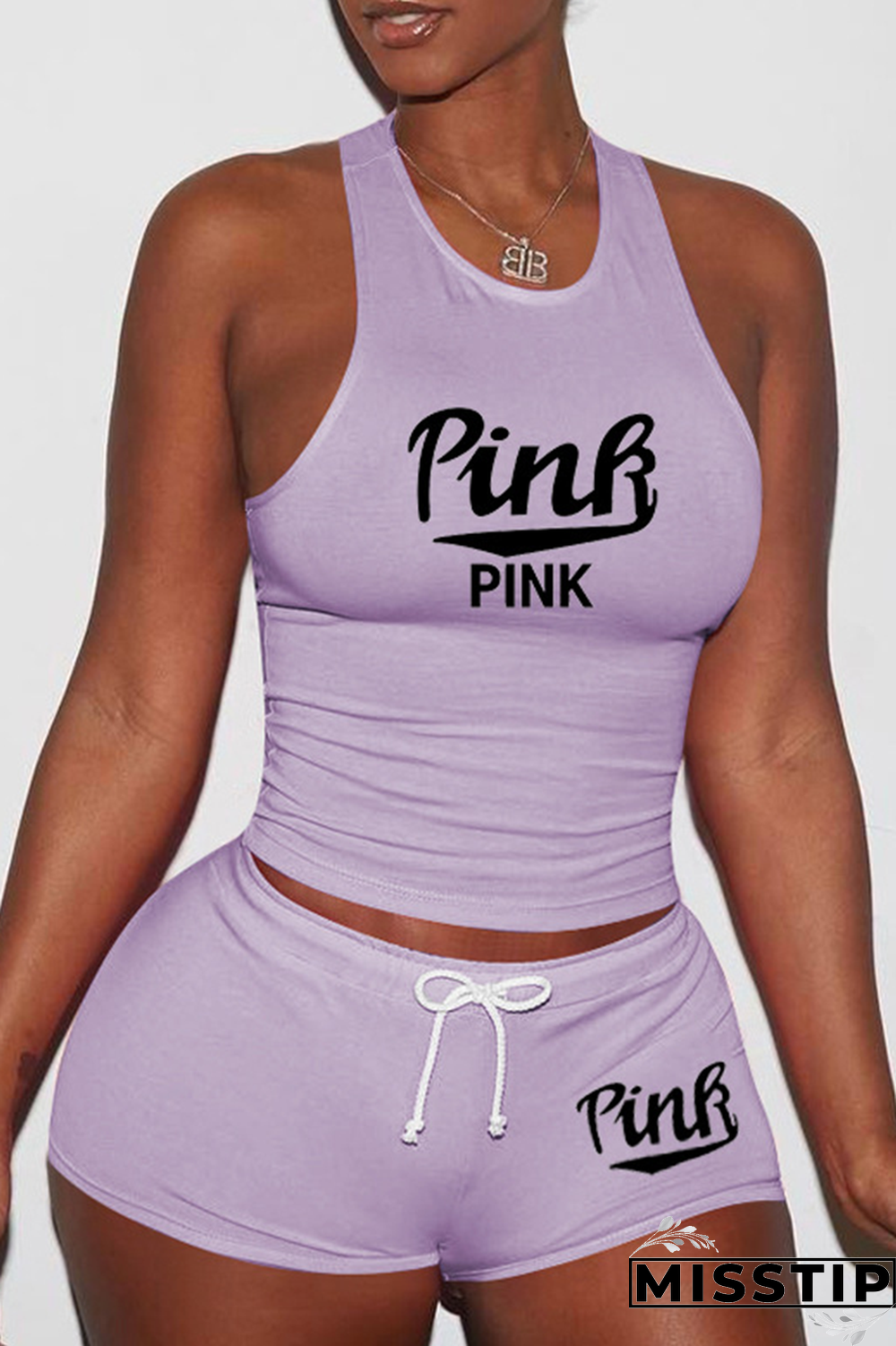 Pink Sexy Print Patchwork U Neck Sleeveless Two Pieces