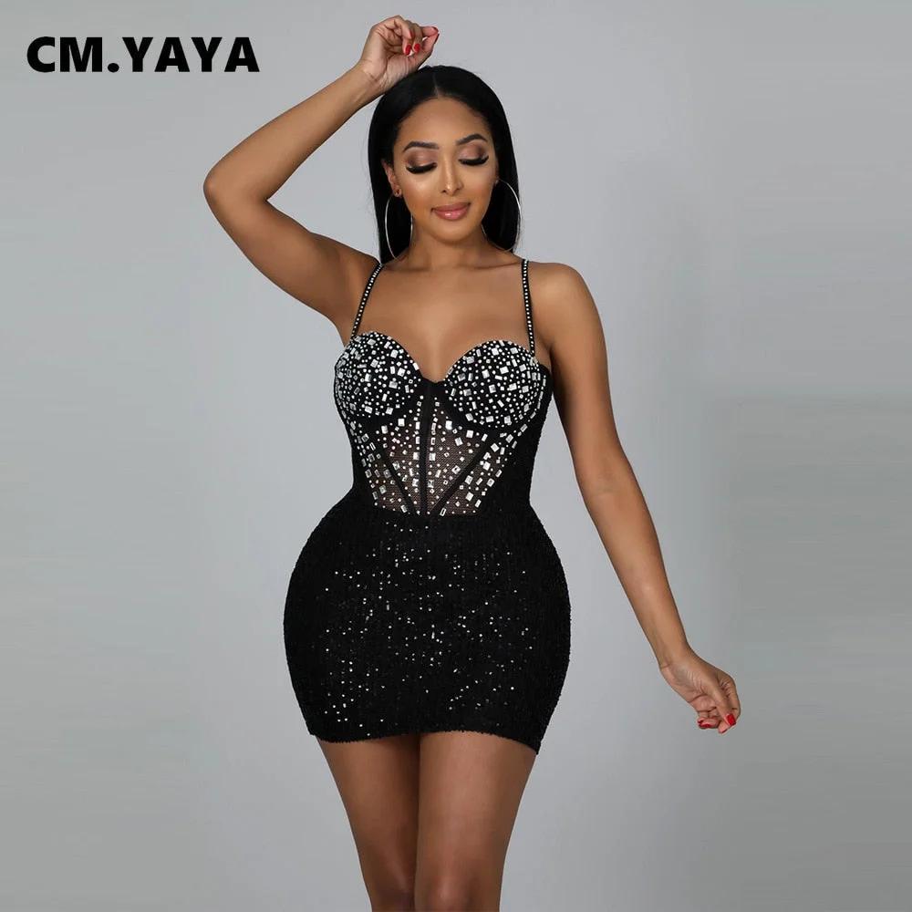 CM.YAYA Women Sequins Sequined Patchwork Mesh See Though Bodycon Midi Mini Dress Sexy Party Club Night Pencil Sleeveless Dresses