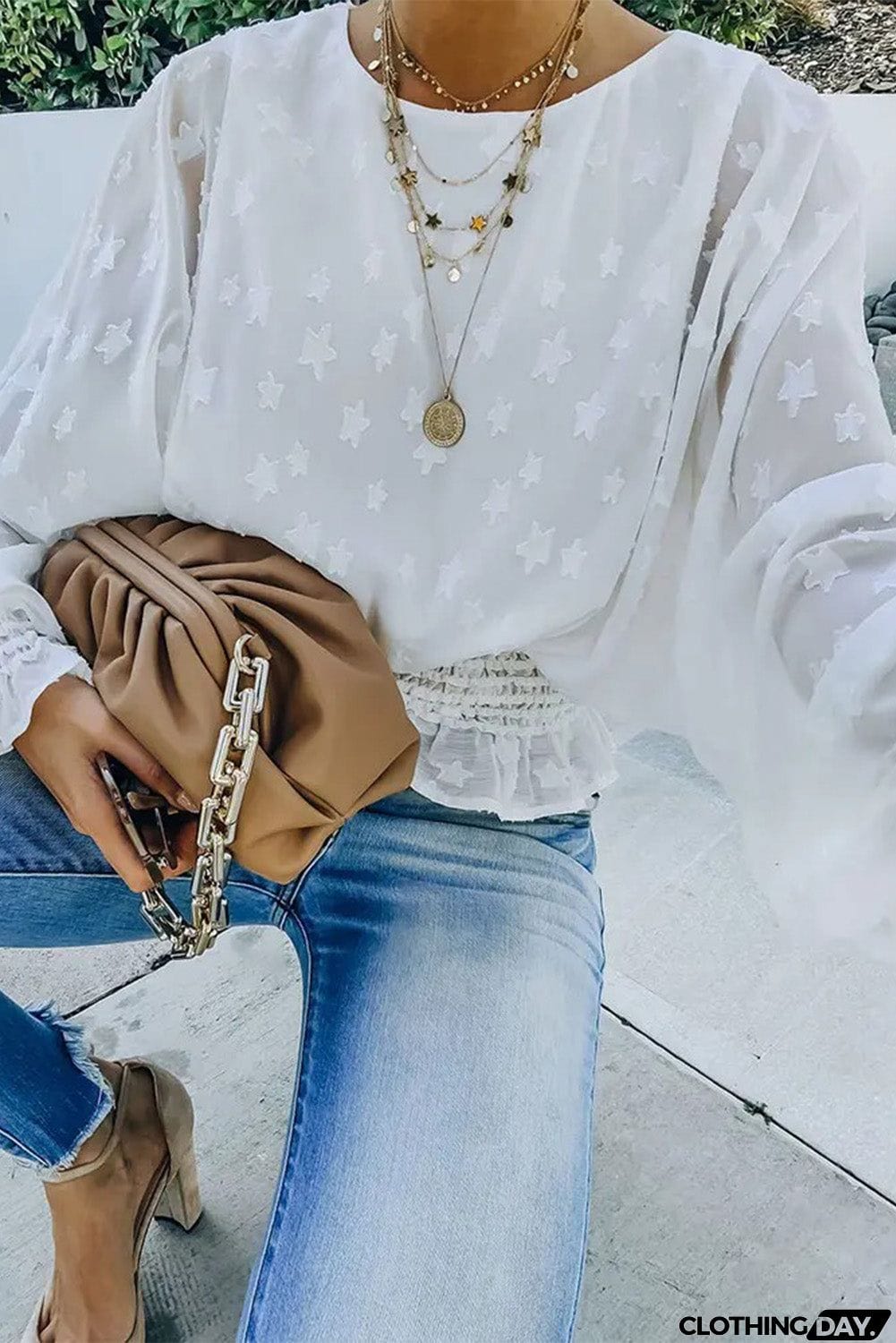 Star Pattern Lantern Sleeve Peplum Top