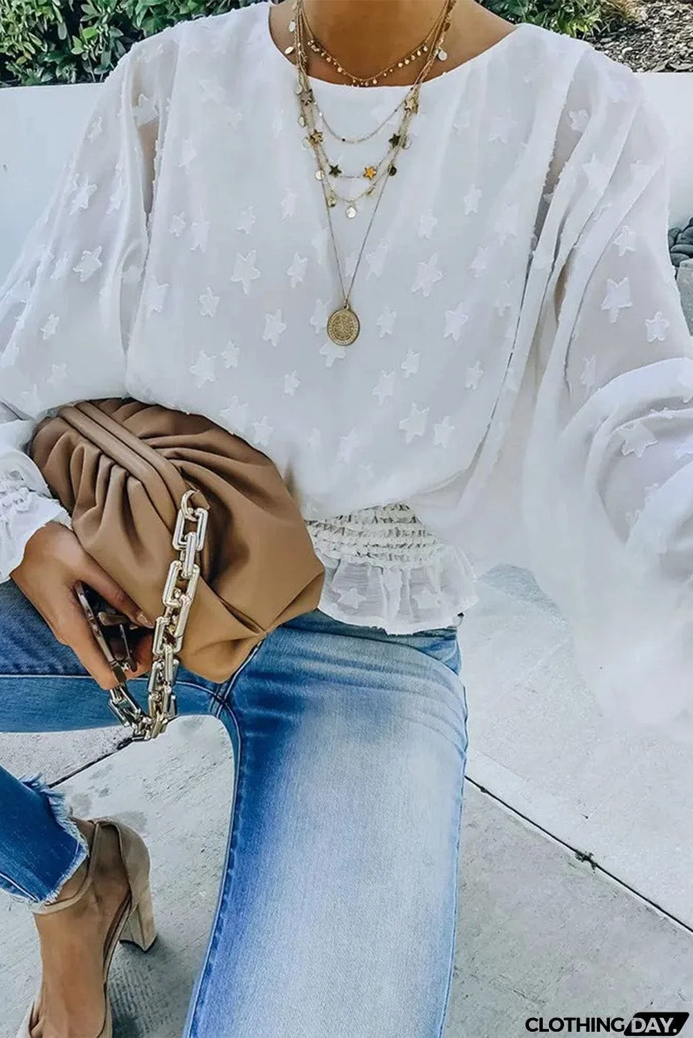 Star Pattern Lantern Sleeve Peplum Top