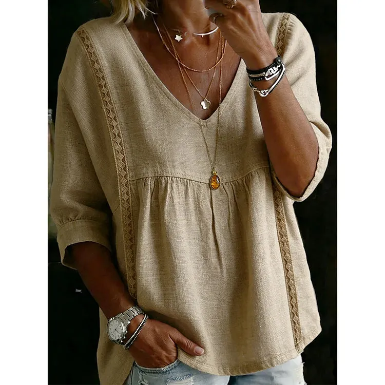 👚 LIMITED-TIME 50% OFF! ✨ Women&rsquo;s Lace-Trim V-Neck Top &ndash; Bohemian Charm, Empire Waist, 3/4 Sleeves 🌼