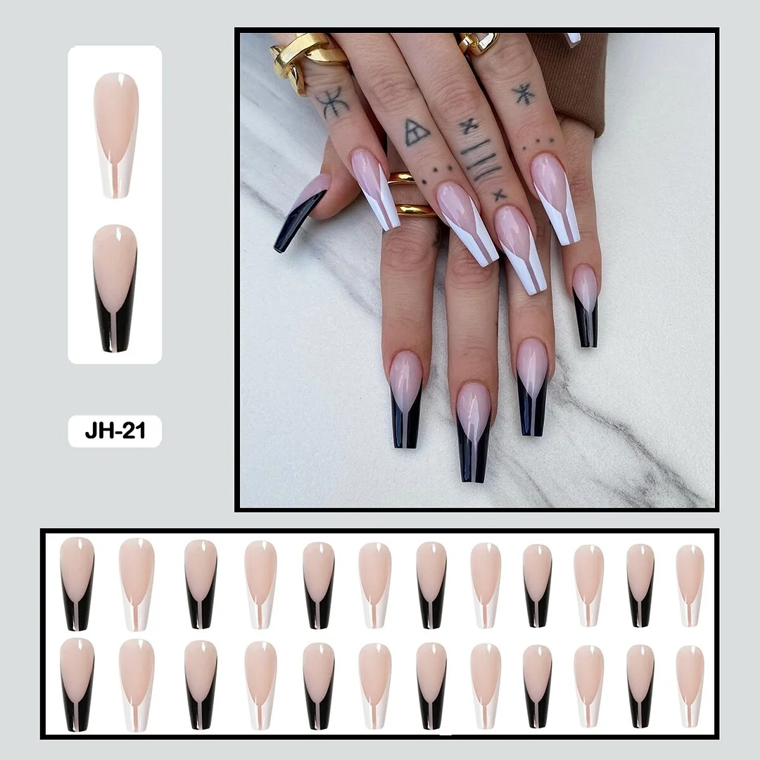 24pcs/box Long Trapezoid Fake Nails Geometric Simplicity Personality Graffiti Animal Pattern Nail Art Nails Press on With Glue-Nail Inspo