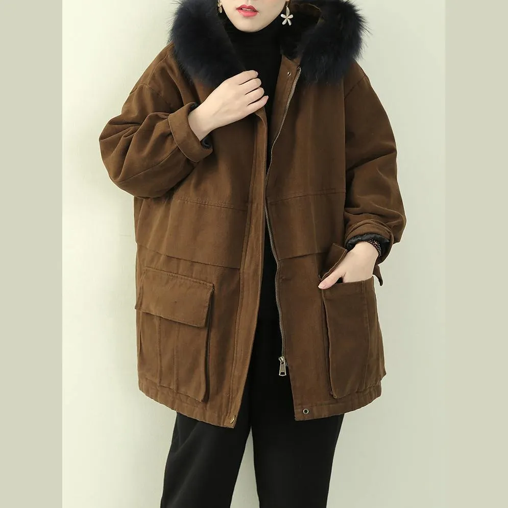 Elegant chocolate winter coats plus size clothing hooded faux fur collar outwear