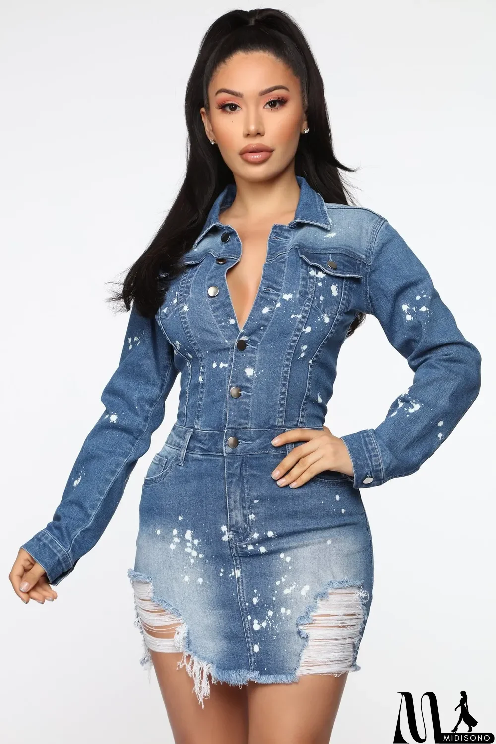 MidiSono - Sexy Stretch-breasted Denim Bag Hip Dress